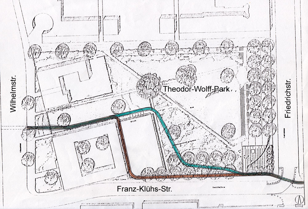 Plan des Theodor-Wolff-Parks mit Radwegtrassenvorschlägen.