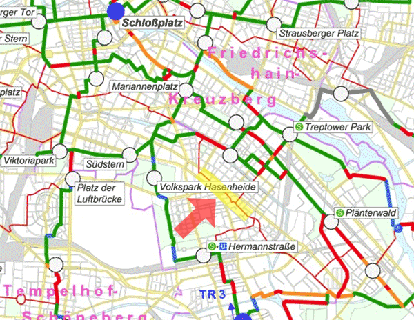 Stadtplan Neukölln/Kreuzberg mit hervorgehobener Fahrradroutenplanung 2004.