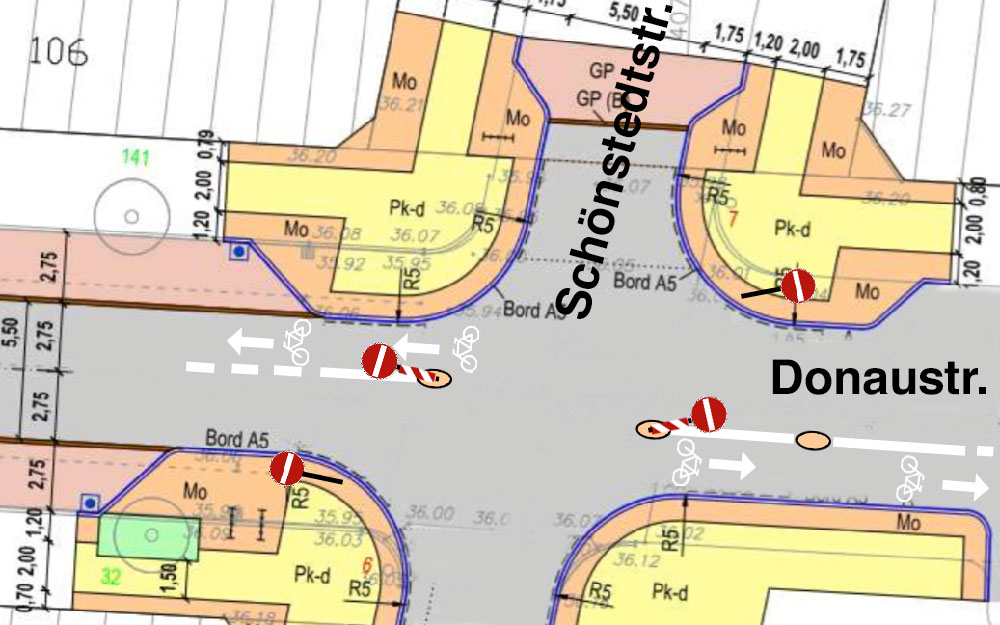 Vorschlag in Originalplan Kreuzung Donaustraße/Schönstedtstraße eingezeichnet.
