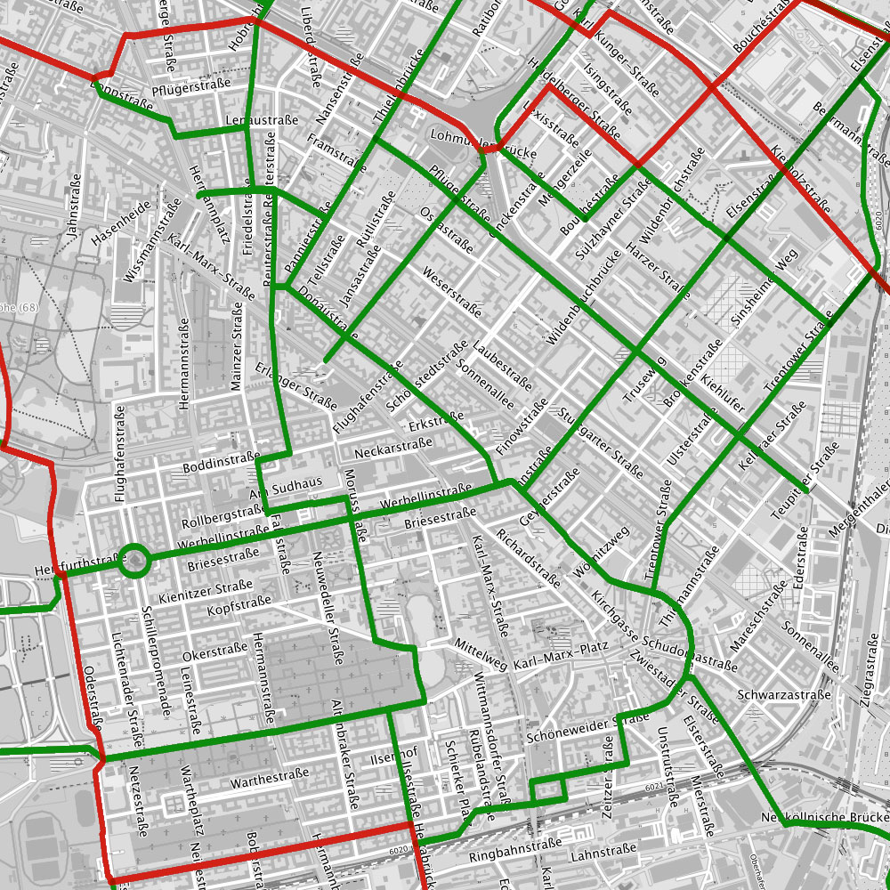 Stadtplan Neukölln mit hervorgehobener Fahrradroutenplanung.