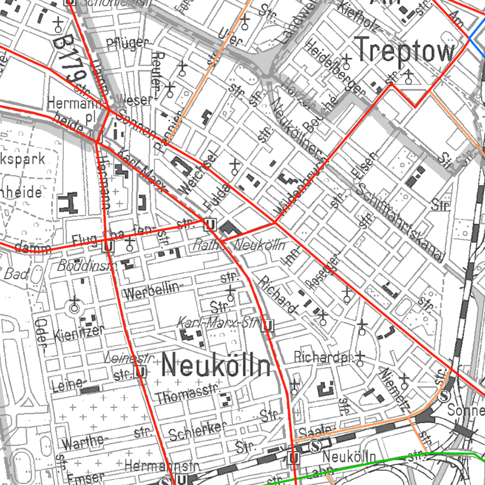 Stadtplan Neukölln mit hervorgehobenen Hauptverkehrsstraßen.