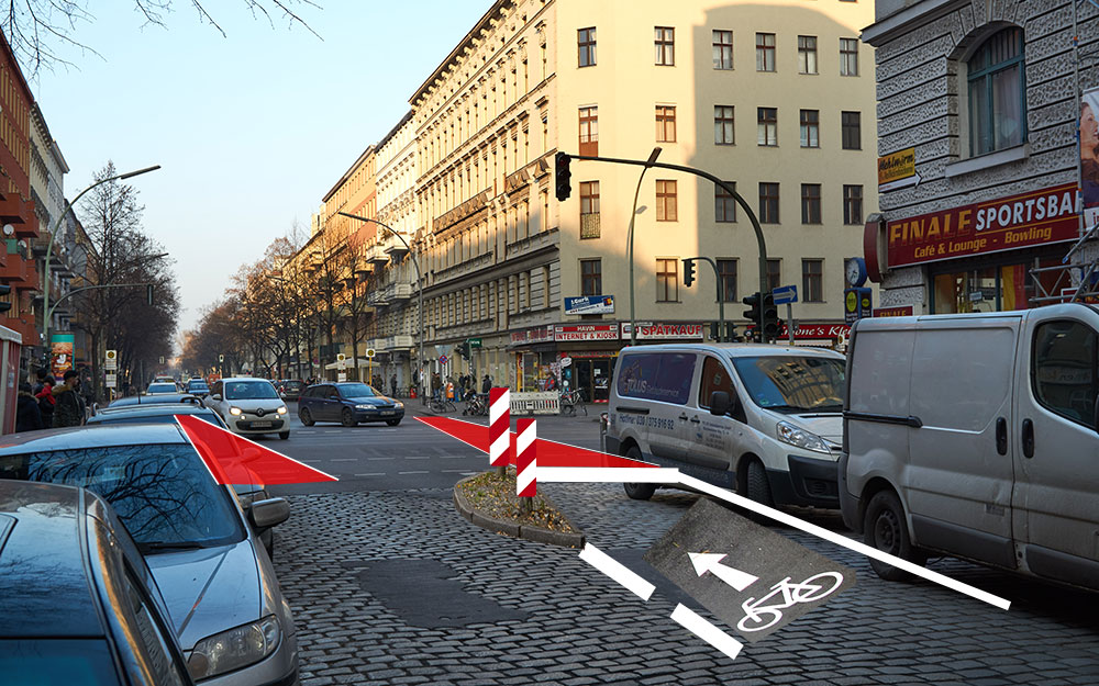 Fotomontage: Pannierstraße Ausfahrt zur Sonnenallee mit Radverkehrsanlage.