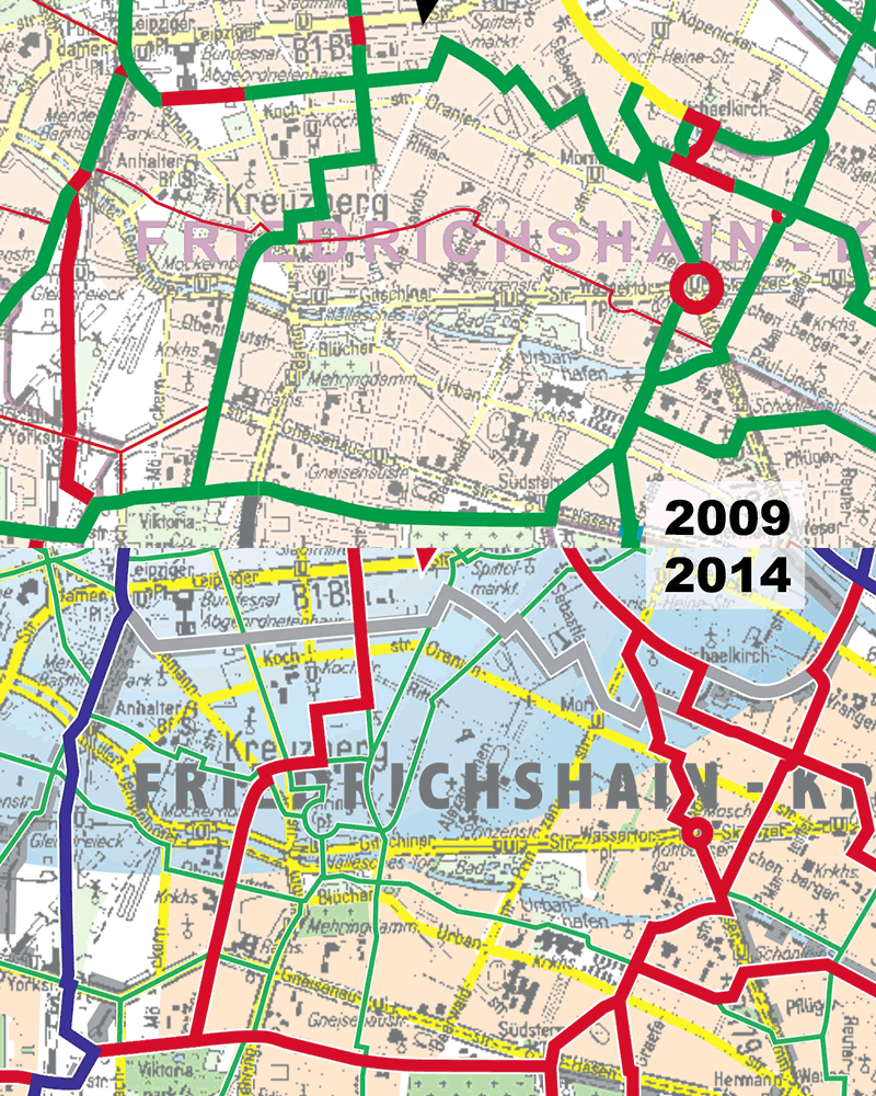Fahrradroutenplan 2009 im Vergleich zu 2014.