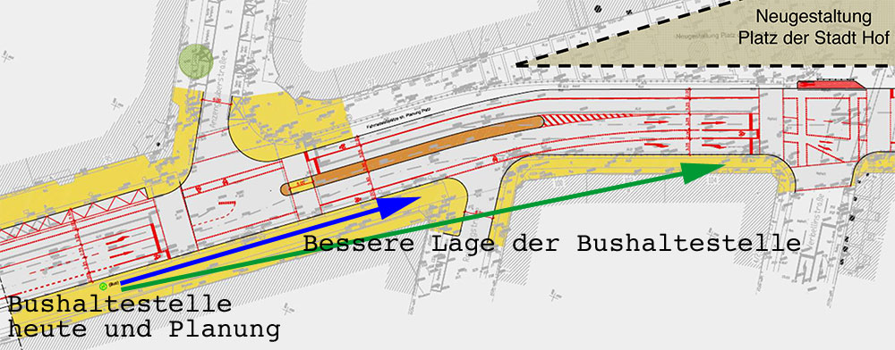 Skizze: Mögliche Standorte der Haltestelle Platz der Stadt Hof, zwischenzeitlich umbenannt in Alfred-Scholz-Platz.