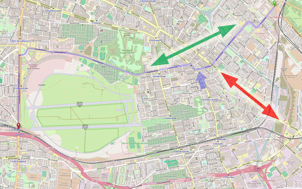 Stadtplan Neukölln mit eingezeichneten Kfz-Routen.