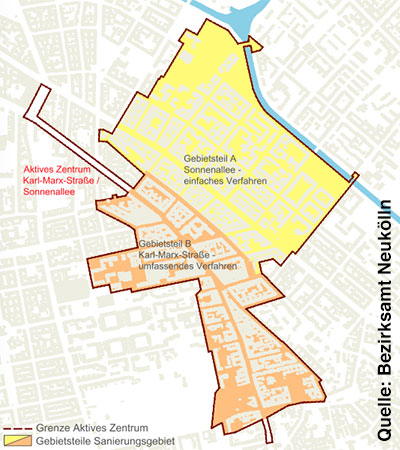 Karte des Bezirksamtes Neukölln: Grenze des Sanierungsgebietes.
