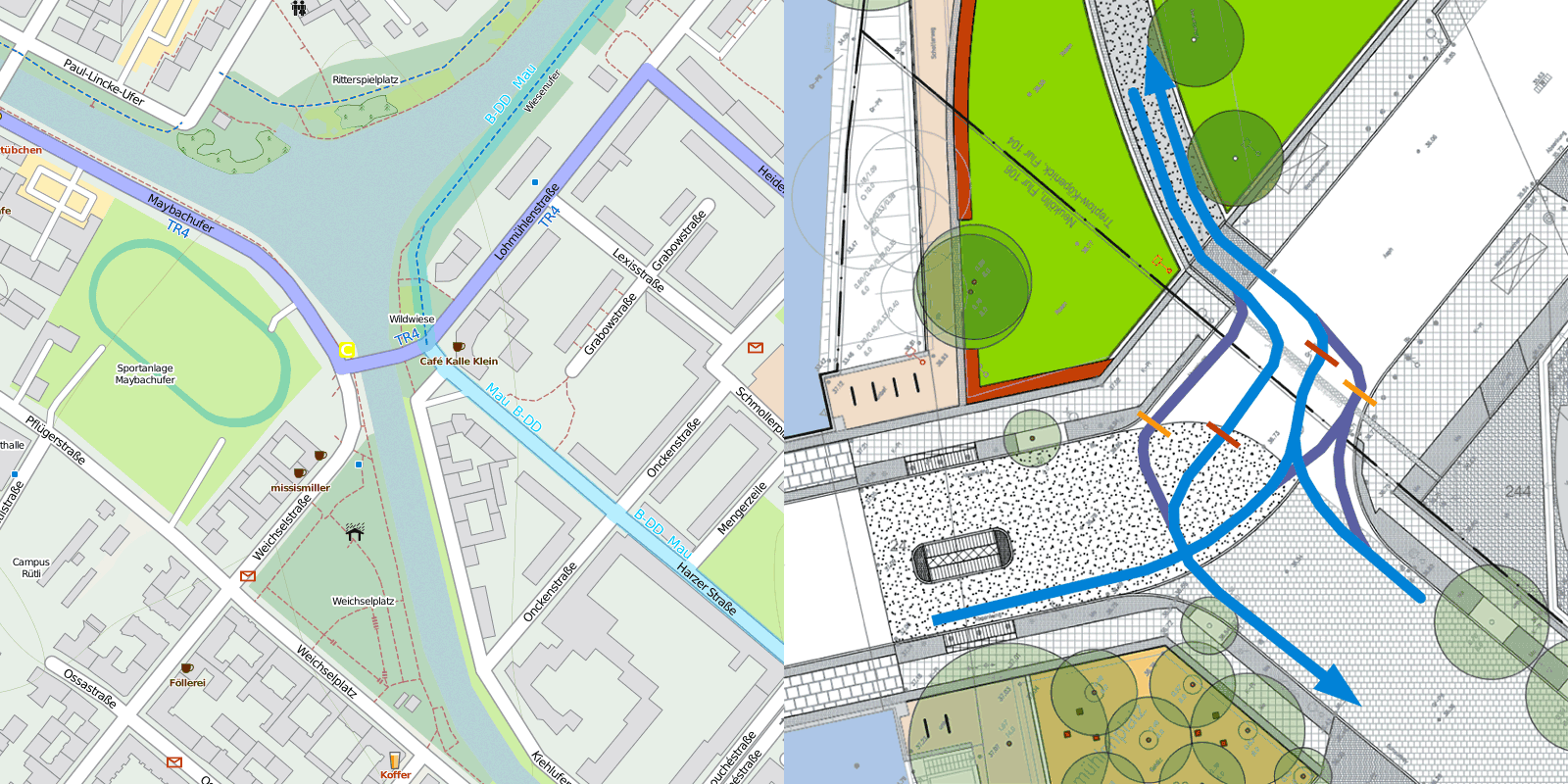 Skizzen: Fahrradkarte Openstreetmap mit Verlauf Mauerradweg und Tangentialroute 4 und Fahrweg der dem Mauerradweg folgenden Radfahrer in beiden Richtungen in den aktuellen Plan der kreuzung Lohmühlenplatz eingezeichnet.